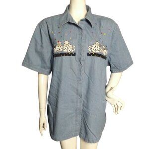 CATS Denim Shirt, 1X, Button Down, short sleeves, White/Black cats/Confetti,Blue